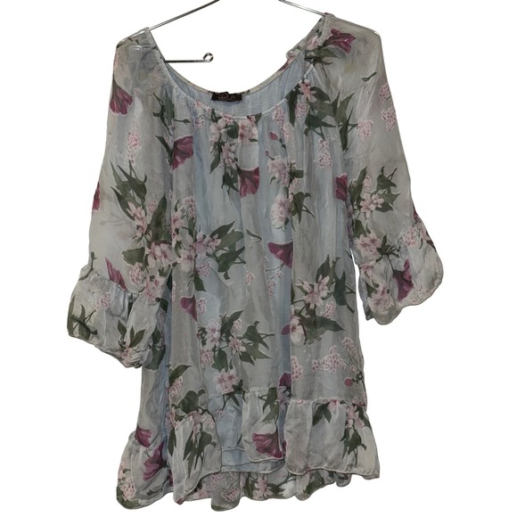 lola Tops - Lola Made in Italy Blue Floral Silk Ruffle Tunic Top 3/4 Sleeve Lined L/XL